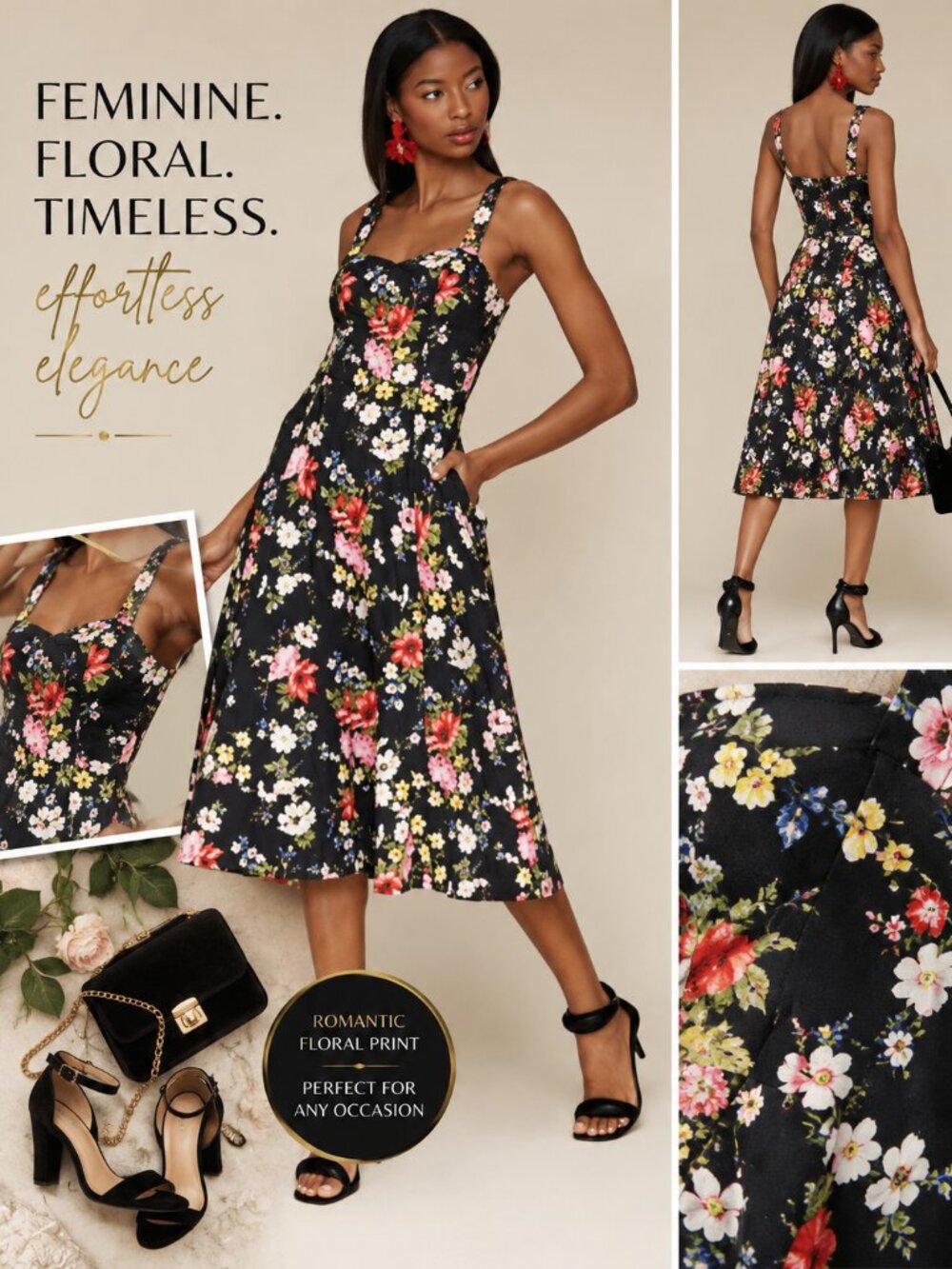 Avec Les Filles Floral Print Fit & Flare Midi Dress Size 4 NWT Romantic - Picture 3 of 11